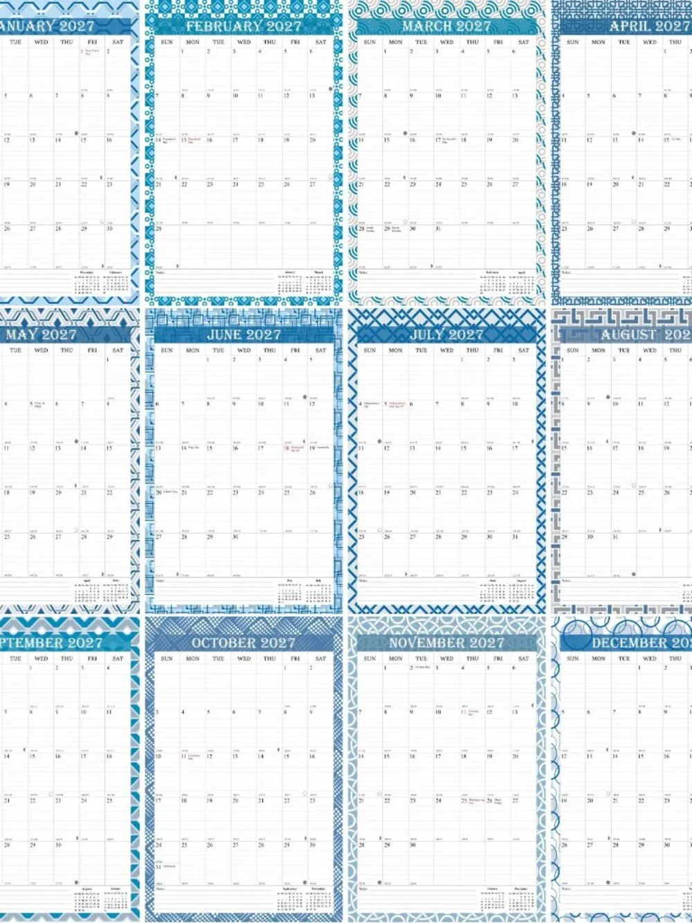 2027 Wall Calendar Spiral-bound Twin-Wire Binding - 12 Months 8.5